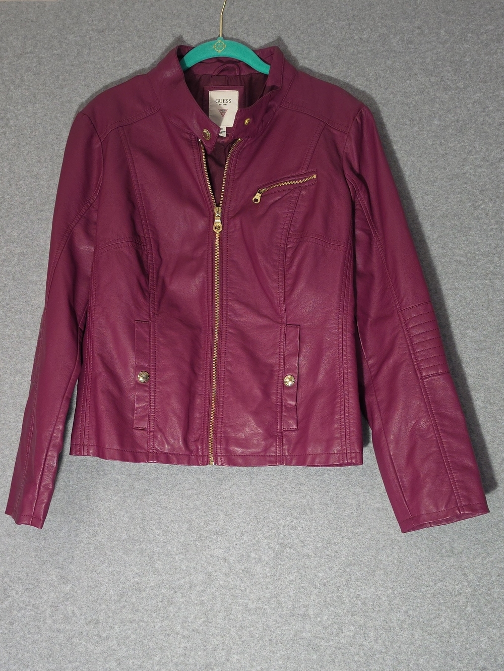 Guess Women's Plum Motorcycle-Style Faux Leather Jacket with Gold Hardware